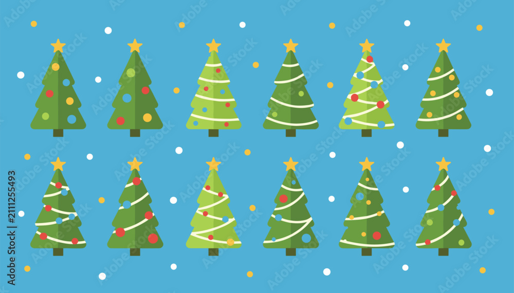 Obraz premium Collection of twelve various decorated green Christmas tree icons arranged on a blue background with snowflakes.
