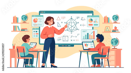 Modern Classroom Education Illustration with Teacher, Students and Interactive Smartboard