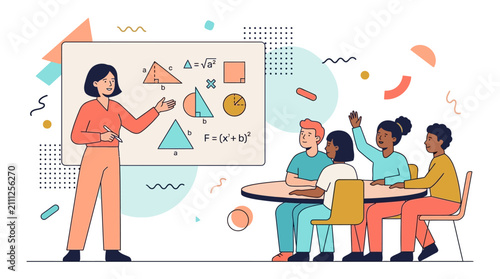 Teacher Explaining Geometry to Diverse Students in Classroom Vector