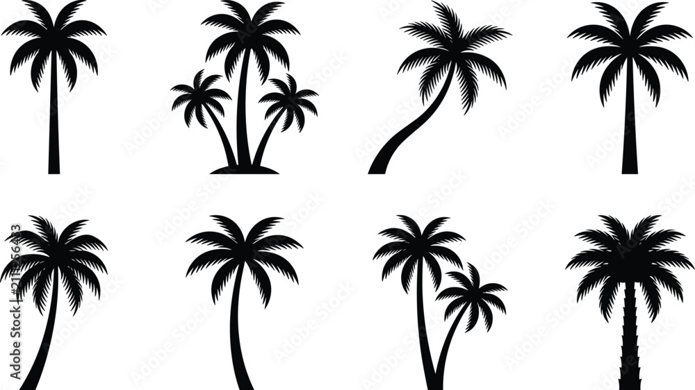 Fototapeta premium Black Silhouette Vector Collection of Palm Trees with Curved Trunks and Distinct Leaf Styles