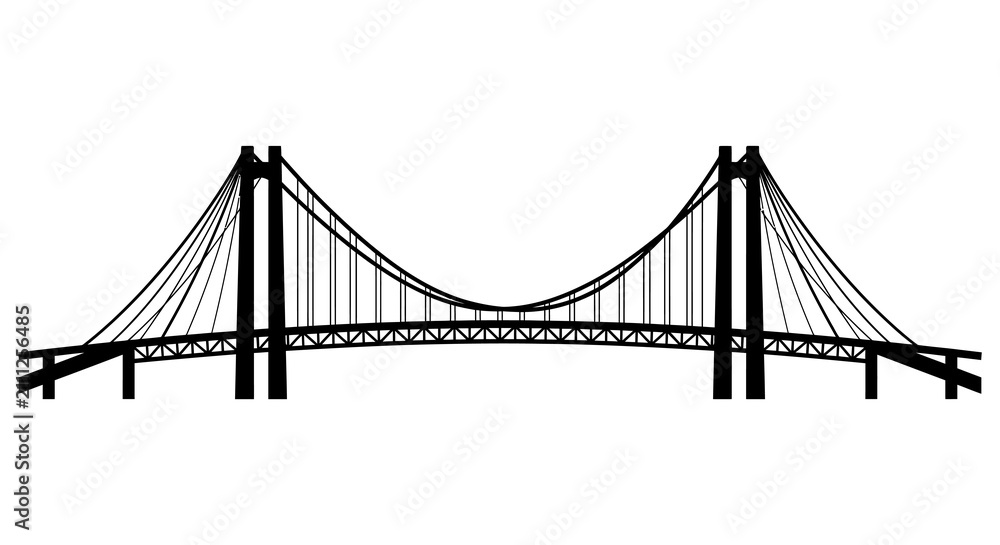 Fototapeta premium Suspension bridge graphic with cables and towers black silhouette