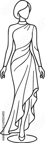 Elegant Line Art Illustration of Woman in Gown