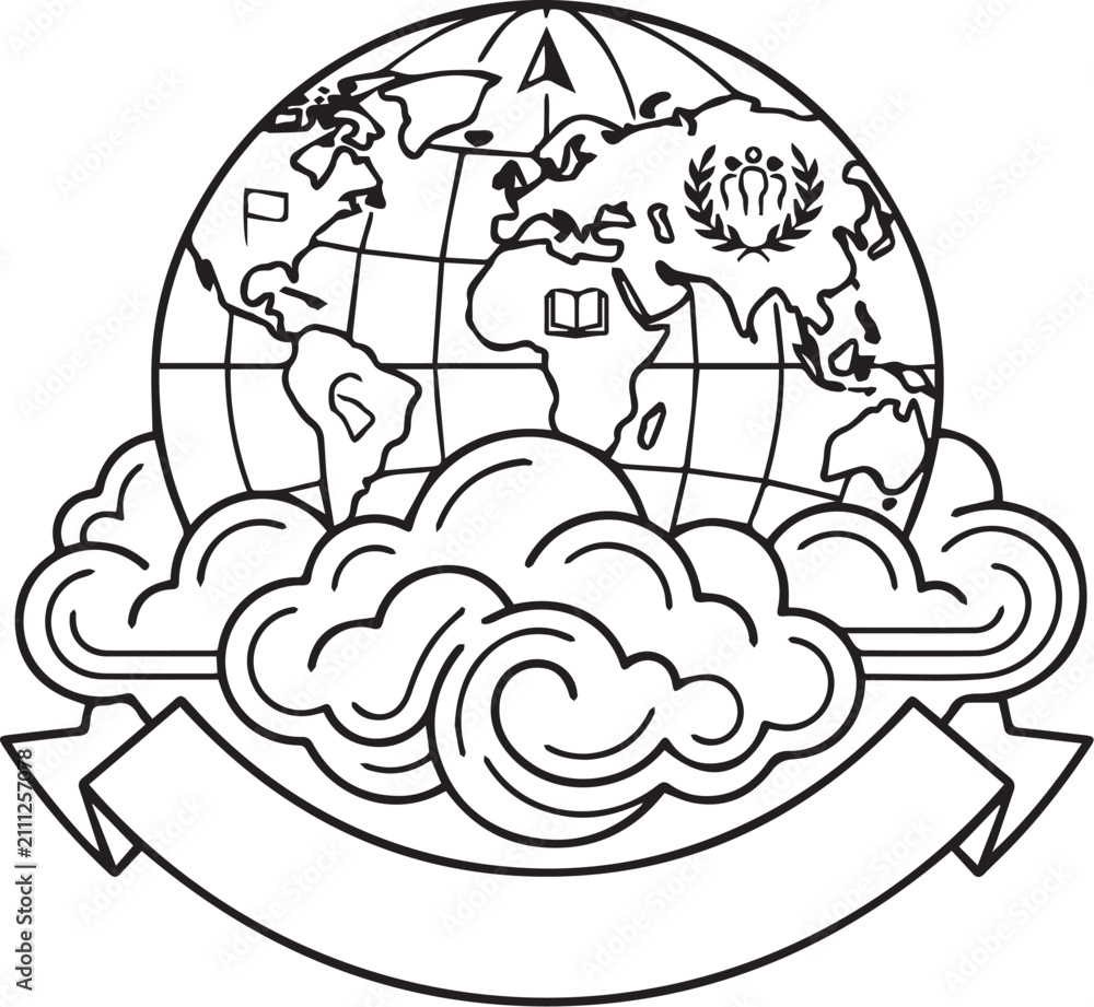 Fototapeta premium Globe earth emblem with clouds and blank banner