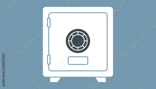 Secure metal safety deposit box vault with a dial combination lock on a plain blue background vector illustration.