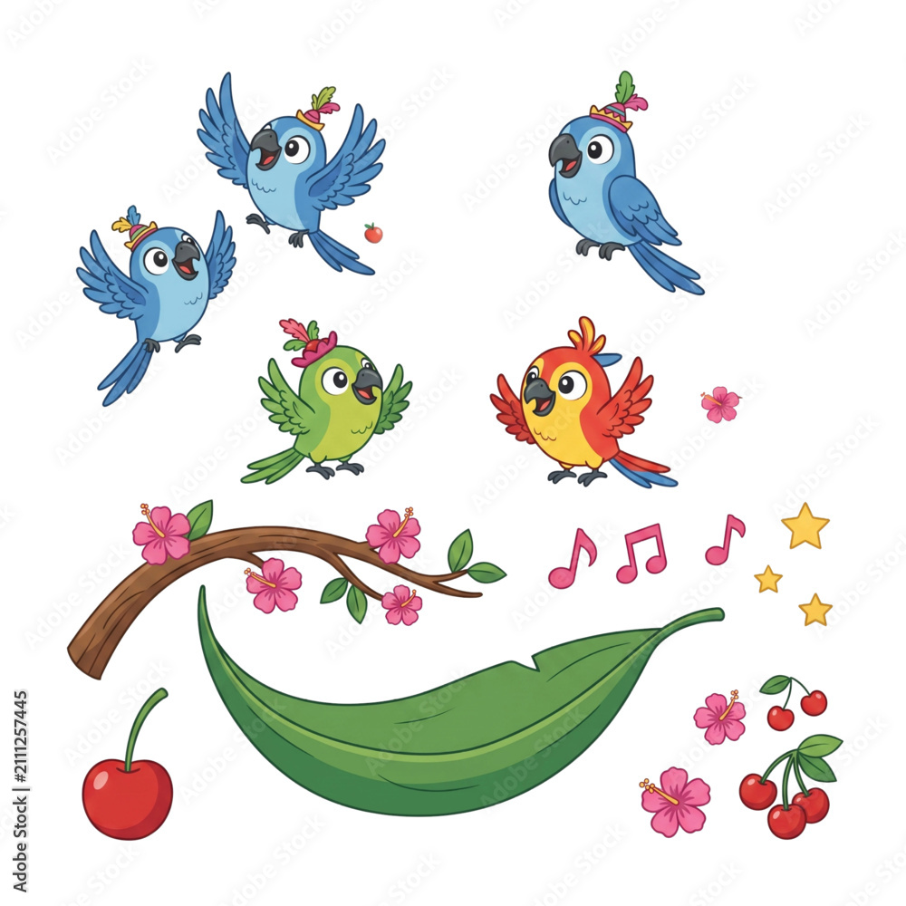Obraz premium an adorable cartoon vector set featuring cute colorful parrots, including blue, green, and red birds, along with tropical tree branches, hibiscus flowers, leaves, cherries, and musical notes.