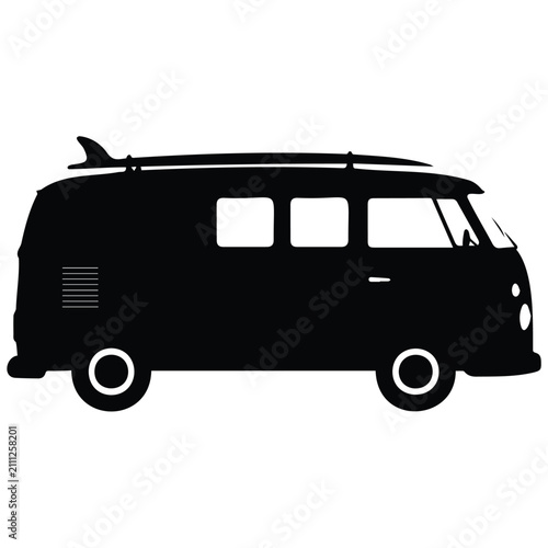 Vintage camper van silhouette vector illustration with surfboard on roof for road travel.
