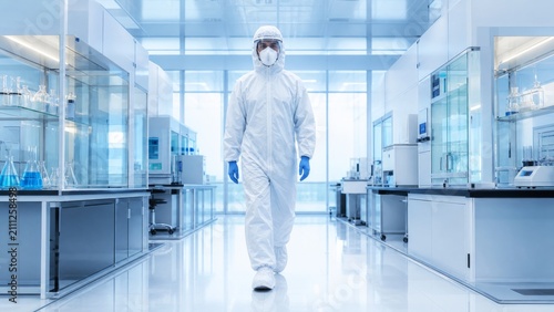 A scientist in protective gear walks through a modern laboratory filled with glass equipment and a sterile environment.