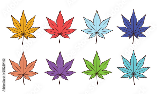Eight colorful Japanese maple leaves icons isolated on white