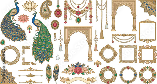 Traditional festive Rajasthani celebration vector collection with decorative gold frames filigree corners colorful gemstones marigold garlands and vintage mughal architectural arch graphics,