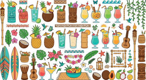 Canvastavla Tropical tiki bar vector set with cocktails surfboards torches exotic flowers an