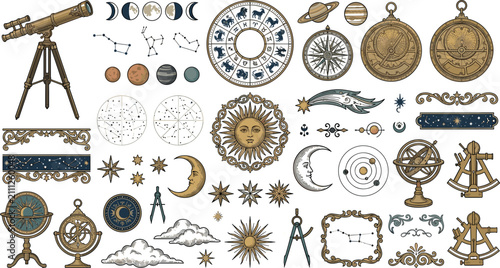 Foto Vintage astronomy vector element set with antique telescope zodiac signs astrola
