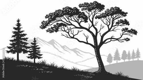 Set of Vector Tree Silhouettes with Bare Oak Branches for Winter Forest Landscape Nature Illustration Collection