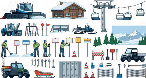 Foto Ski resort winter maintenance vector element set with snow groomer chairlift ski