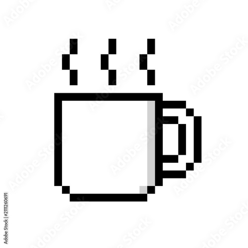 Monochrome Pixel Art Hot Coffee Mucoffee, mug, cup, steam, hot, drink, beverage, espresso, cappuccino, cafe, pixel, art, icon, vector, monochrome, black, white, line, outline, retro, 8bit, arcadg Icon