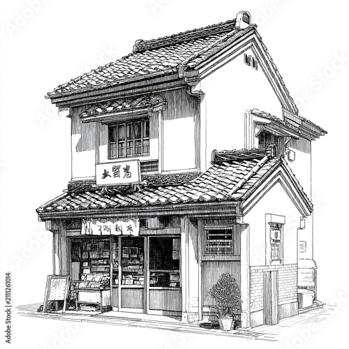 Simple black and white line drawing of a small Japanese two-story shop in manga ink sketch style, featuring clean lines and traditional architecture isolated on a plain background. 