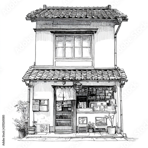 Simple black and white line drawing of a small Japanese two-story shop in manga ink sketch style, featuring clean lines and traditional architecture isolated on a plain background. 