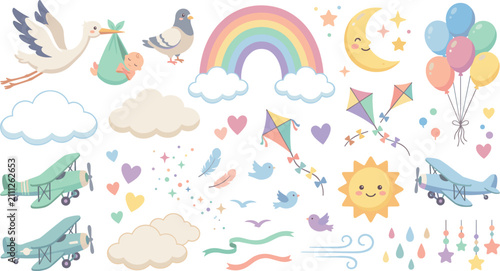 Cute pastel baby nursery vector elements set featuring stork delivery rainbow airplanes balloons and cloud icons