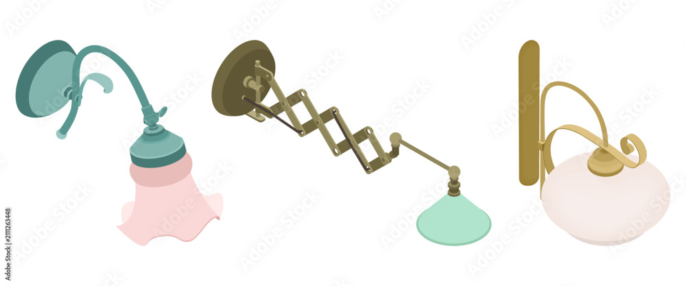 Obraz premium Collection of vintage wall lamps - hand drawn isometric vector illustration.