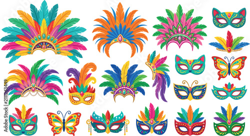 Fotografie Colorful Brazilian carnival masks vector set featuring vibrant feather headdress