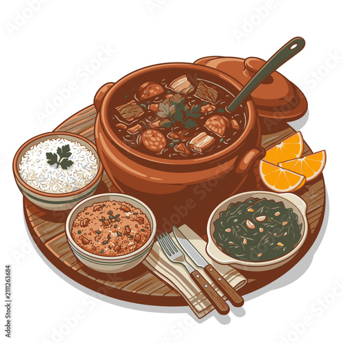 A delicious, traditional Brazilian feijoada served with rice, beans, collard greens, and orange slices, presented in rustic pottery