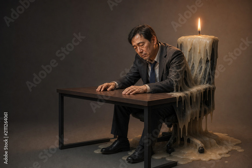 Tired Businessman Beside Melting Candle Chair
