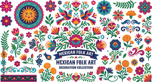 Mexican folk art decoration collection vector set with colorful traditional flowers sun birds hearts and embroidery style elements