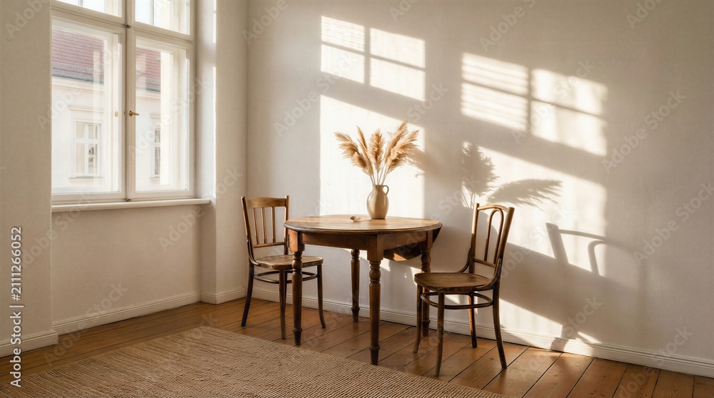Fototapeta premium Minimalist dining area with wooden table chairs and pampas grass vase