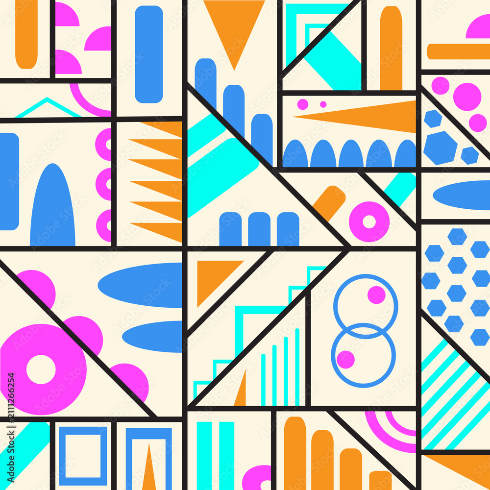 Obraz premium Colorful abstract geometric background featuring modern shapes, bold black lines, vibrant blue, orange, cyan and magenta elements on a light cream background. Suitable for branding, posters, packaging
