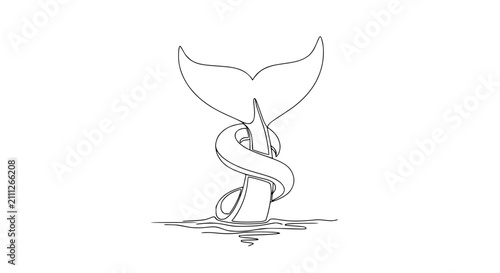 One Line Art Drawing of Whale Tail Fluke Diving into Ocean Water