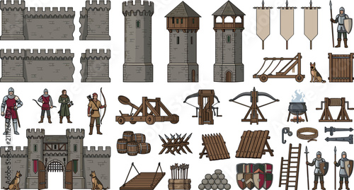 Quadro su tela Medieval castle siege and fortress defense vector element set with stone walls t