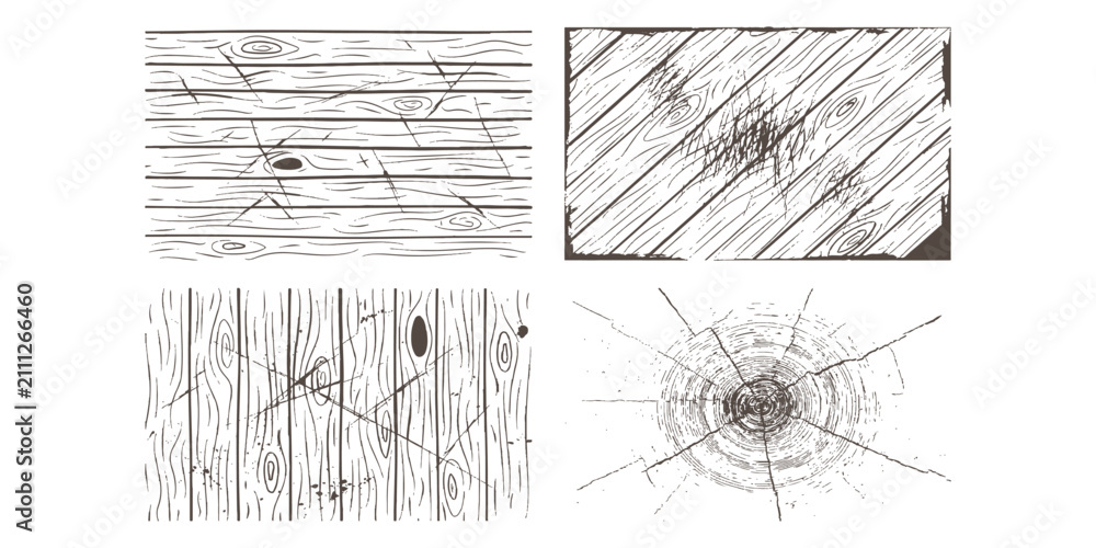 Fototapeta premium Rustic hand drawn wood grain texture background collection featuring scratched timber planks and cracked tree rings vector illustration.
