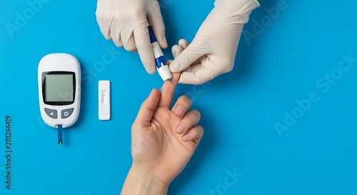Diabetes Blood Glucose Testing with Lancing Device on Blue Background