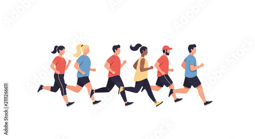 Diverse group of people running together, healthy lifestyle, fitness activity, sport concept