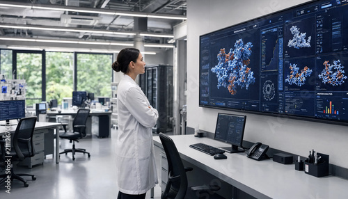 Medium wide shot of a focused woman with dark hair and fair skin standing with arms crossed looking at molecular models on a large screen in a modern laboratory under soft indoor light