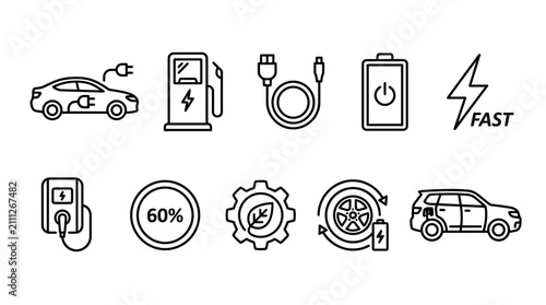 Electric vehicle charging station and energy efficiency icons.