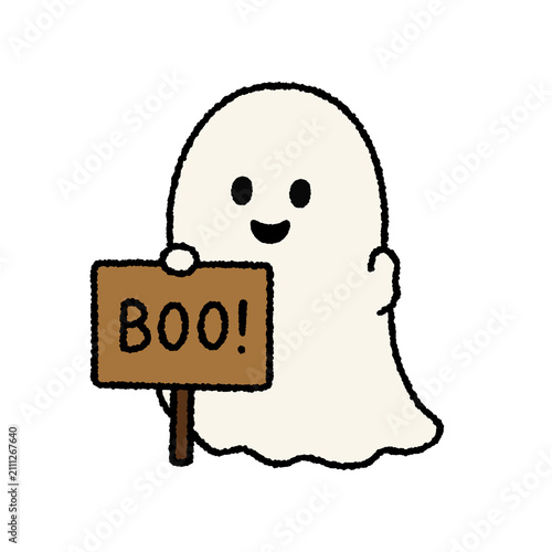 Foto Cute ghost holding BOO! sign halloween isolated on transparent background illust
