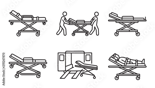 Set of medical stretcher icons for emergency transport and patient care with stretcher ambulance emergency hospital transport clinical paramedic equipment mobility assistance illustration