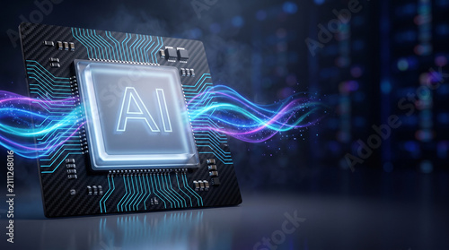 Artificial intelligence microchip processor on dark motherboard with glowing data streams representing advanced machine learning technology