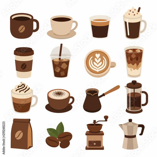 A collection of various coffee beverages and brewing equipment is displayed as flat vector.