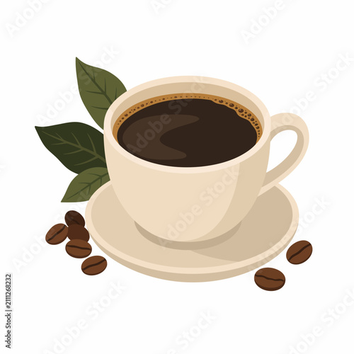 A ceramic cup of black coffee sits on a saucer with fresh leaves and roasted beans.