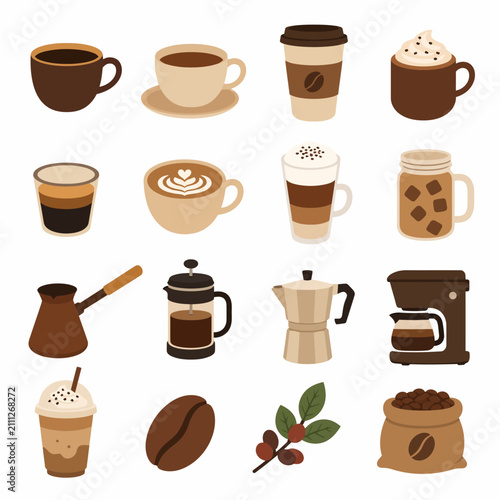 A collection of various coffee cups, brewing equipment, and beans are displayed as flat.