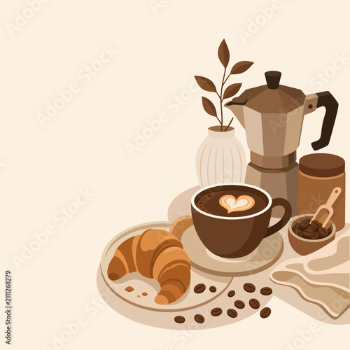 A flat vector illustration depicts a cozy breakfast scene with coffee, a croissant, and a.