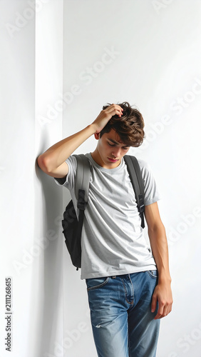 Teenage Student Leaning Against White Wall Tired Frustrated Facial Expression Stress