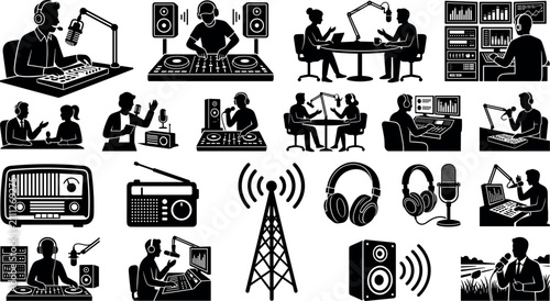 Foto Radio broadcasting and podcasting icons set featuring hosts, djs, equipment, mic