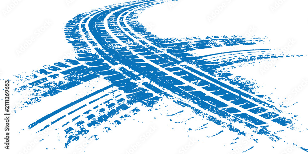 Fototapeta premium Blue grunge tire tracks crisscrossing with mud splatters and rough texture on white background vector illustration.