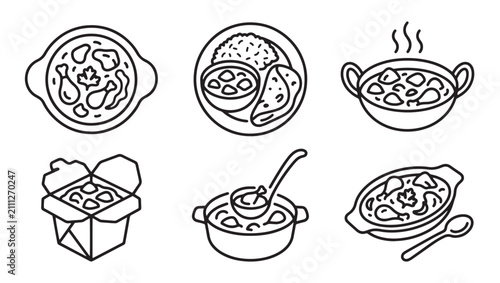 Set of delicious indian curry dishes icons in black and white outline style with illustration sketched restaurant container steaming homemade tradition culinary appetizer collection