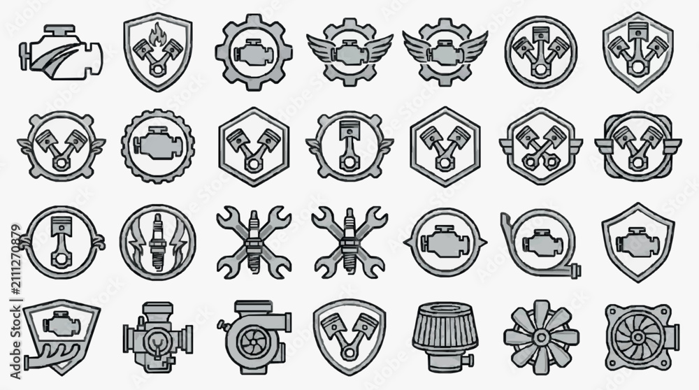Fototapeta premium Creative Set of 36 Monochromatic Auto Engine and Mechanic Tools Icons in Shield and Circular Badges