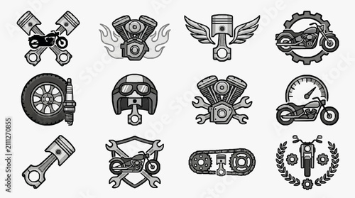 Canvastavla Clean Minimalist Black and White Motorcycle Engine Parts and Gear Icon Set with