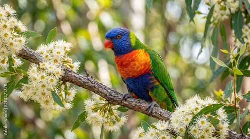 Rainbow lorikeet perched on a flowering gum tree branch, colorful parrot in a natural eucalyptus forest, vibrant tropical bird among white blossoms