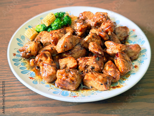 Japanese-style diced pork steak with onsen egg.